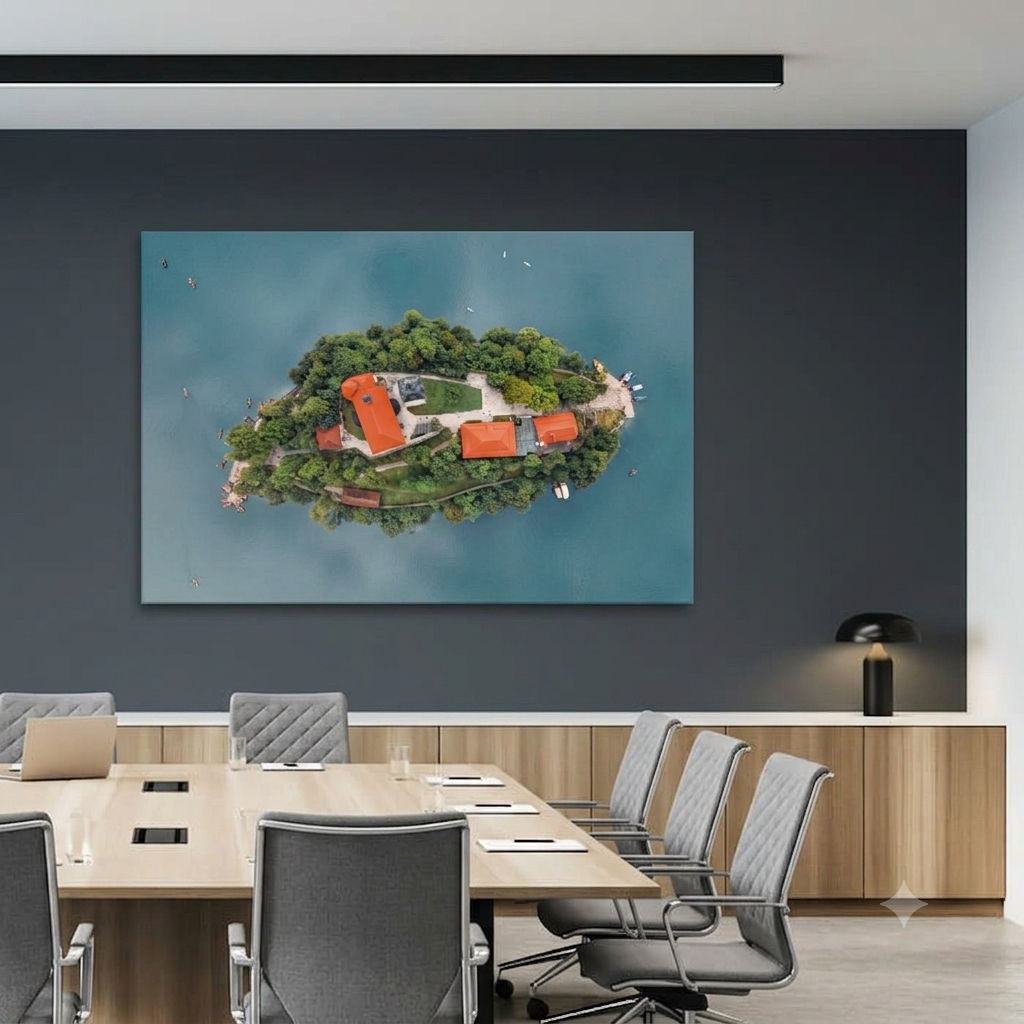 Canvas van Lake Bled, wanddecoratie voor kantoor omgeving DutchDroneBird